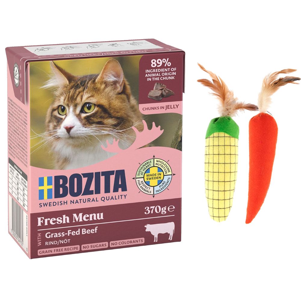 12 x 370 g Bozita Tetra Häppchen + TIAKI Katzenspielzeug gratis! - Rinderhack in Gelee von Bozita