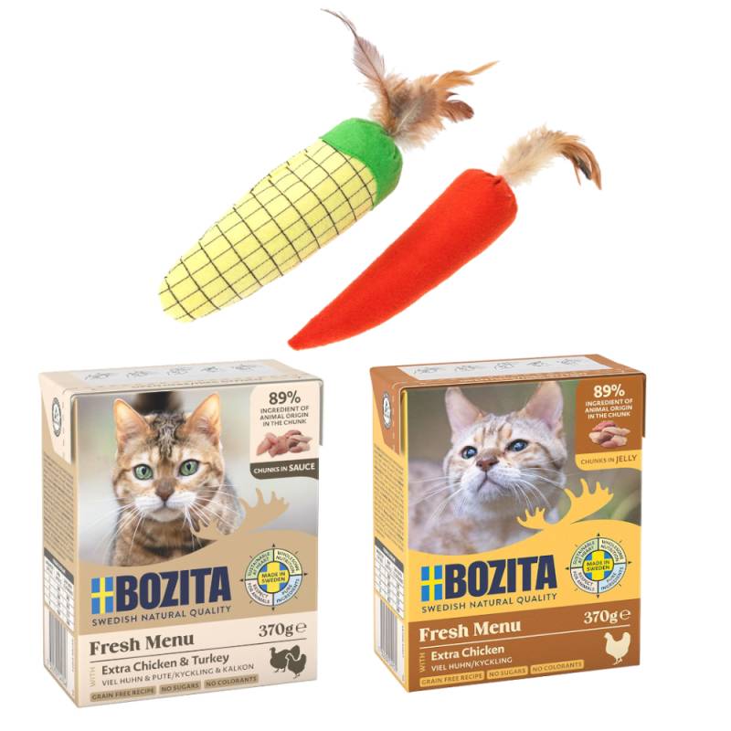 12 x 370 g Bozita Tetra Häppchen + TIAKI Katzenspielzeug gratis! - Viel Huhn in Gelee + Hühnchen und Pute in Soße von Bozita