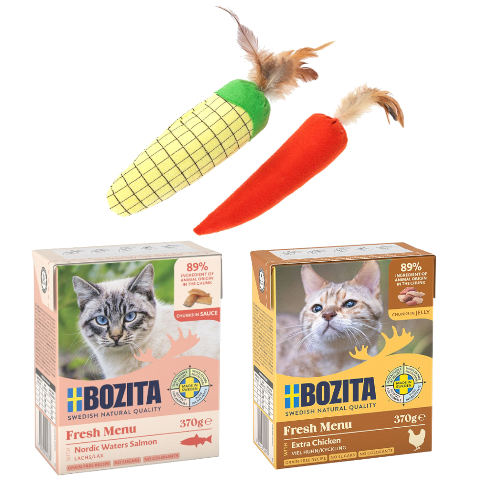 12 x 370 g Bozita Tetra Häppchen + TIAKI Katzenspielzeug gratis! - Viel Huhn in Gelee + Lachs in Soße von Bozita