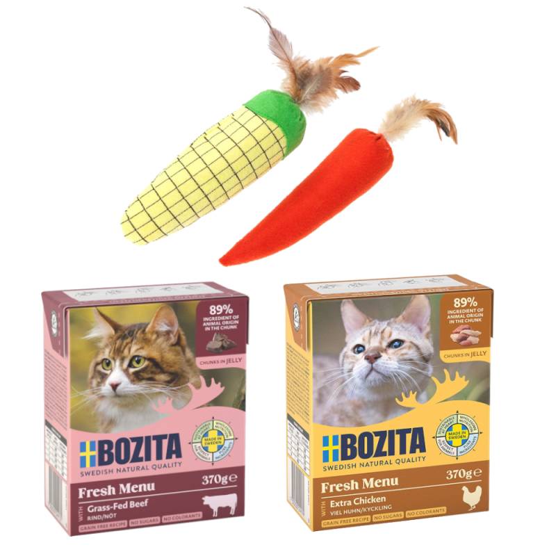 12 x 370 g Bozita Tetra Häppchen + TIAKI Katzenspielzeug gratis! - Viel Huhn in Gelee + Rinderhack von Bozita