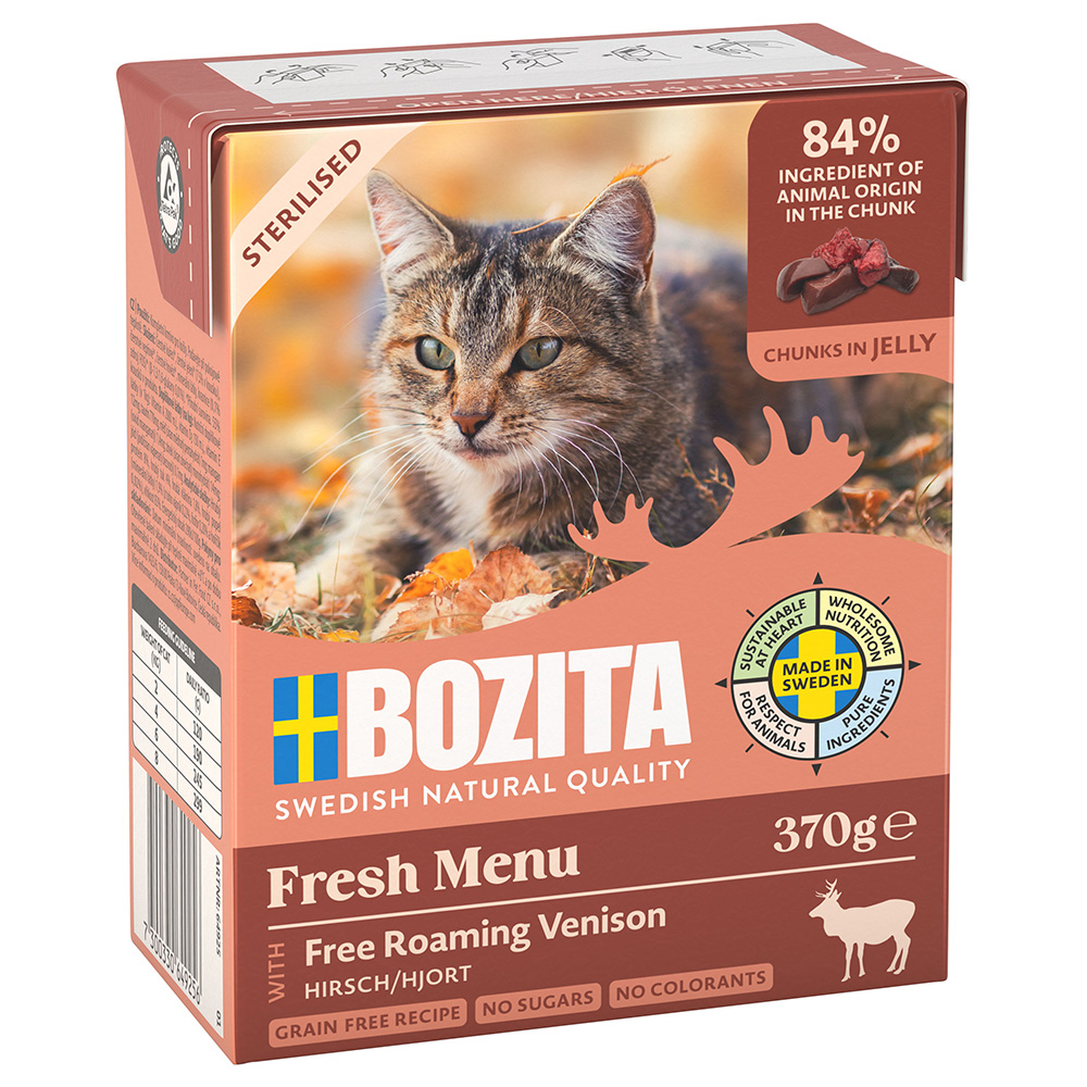 12 x 370 g Bozita Tetra Häppchen in Gelee oder Soße zum Sonderpreis! - Sterilised mit Hirsch in Gelee von Bozita