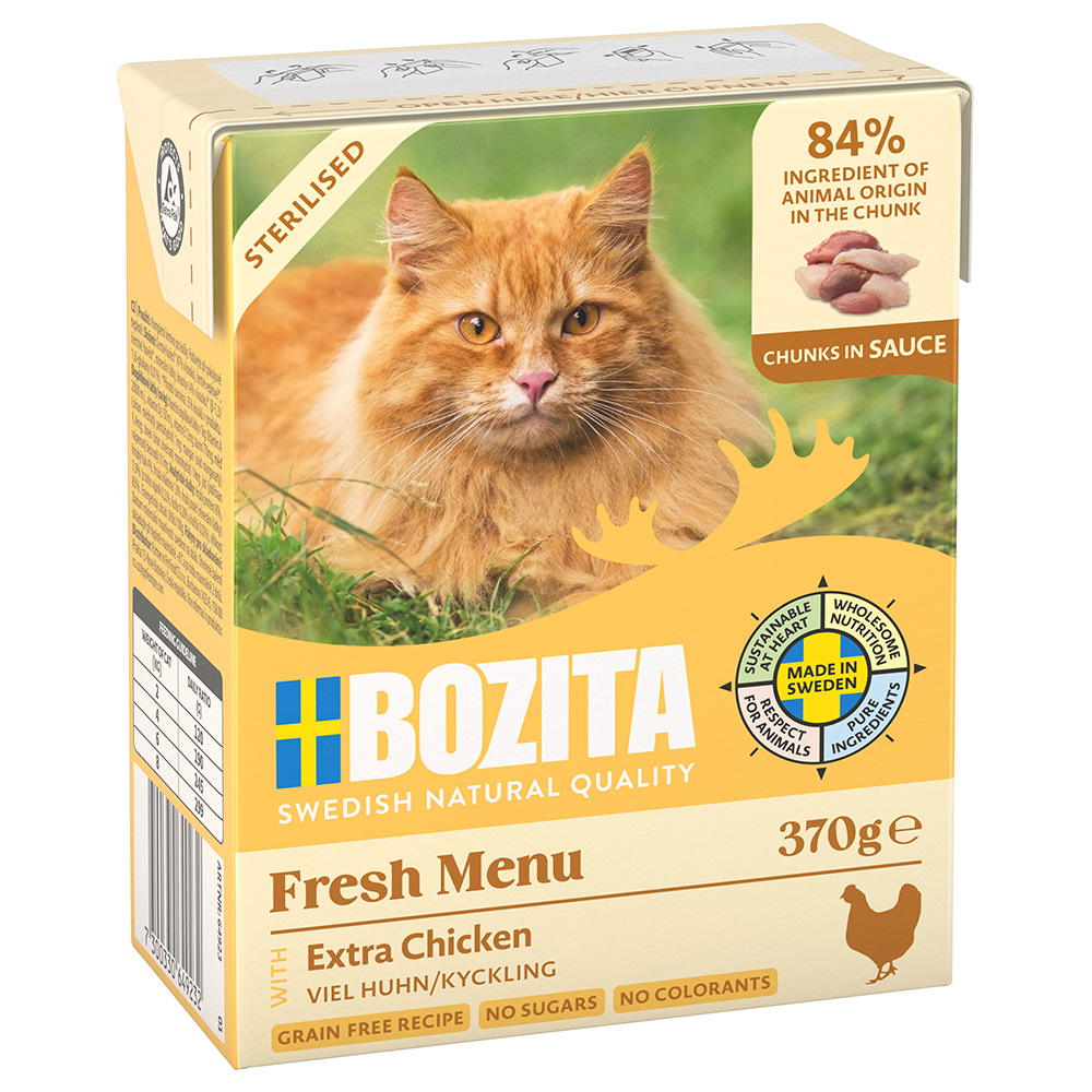 12 x 370 g Bozita Tetra Häppchen in Gelee oder Soße zum Sonderpreis! - Sterilised mit viel Huhn in Soße von Bozita