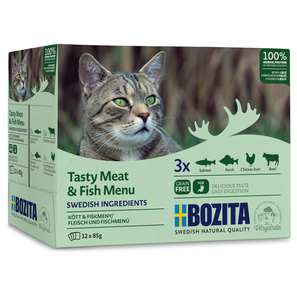 12 x 85 g Bozita zum Sonderpreis! - Fisch & Fleisch Menü in Gelee (4 Sorten) von Bozita