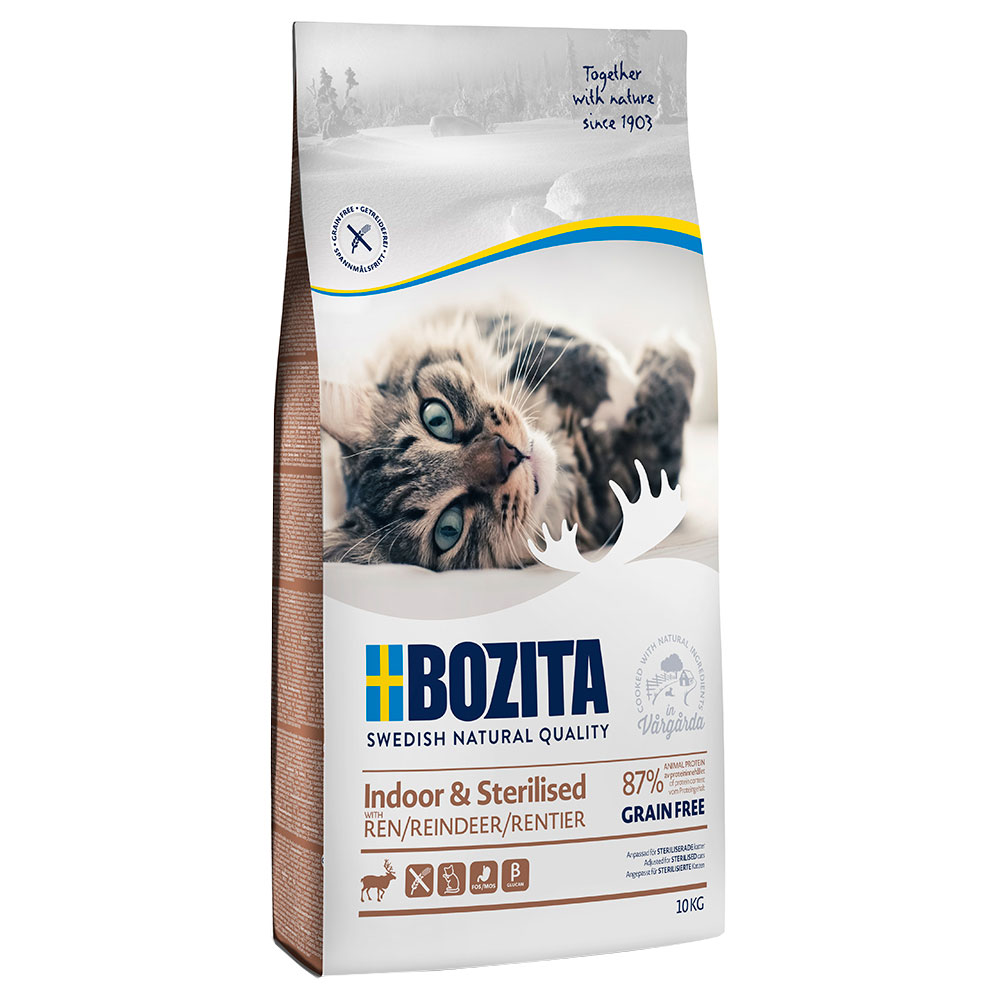 2 kg gratis! 10 kg Bozita Katzenfutter - Grainfree Indoor & Sterilised Rentier von Bozita