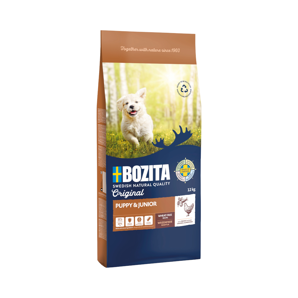 2 kg gratis! 12 kg Bozita Original - Puppy & Junior mit Huhn - Weizenfrei von Bozita