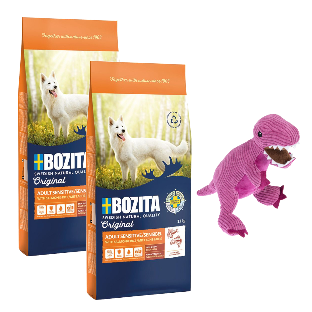 2 x 12 kg Bozita Original + TIAKI Hundespielzeug gratis! - Adult Sensitive Haut & Fell mit Lachs & Reis - Weizenfrei von Bozita