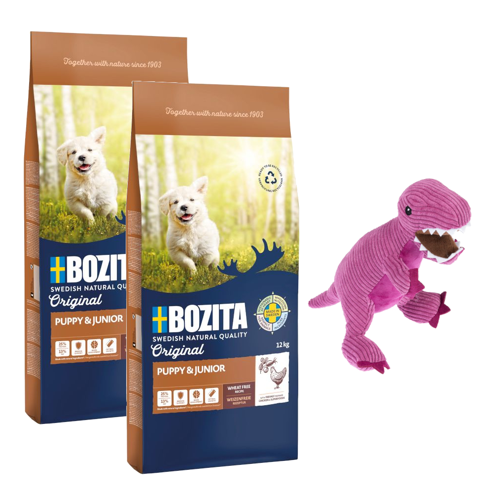 2 x 12 kg Bozita Original + TIAKI Hundespielzeug gratis! - Puppy & Junior mit Huhn - Weizenfrei von Bozita