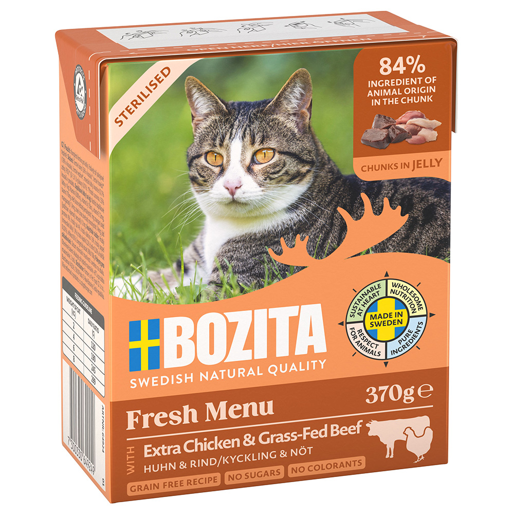 6 x 370 g Bozita Tetra Häppchen in Gelee oder Soße zum Sonderpreis! - Sterilised mit Huhn & Rind in Gelee von Bozita