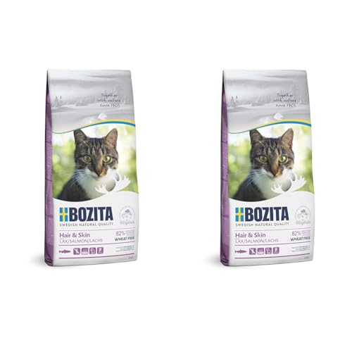 BOZITA Hair & Skin Weizenfrei mit Lachs - Trockenfutter für Erwachsene Katzen, DASS Haut- und Fellpflege unterstützt, 2 kg (Packung mit 2) von Bozita