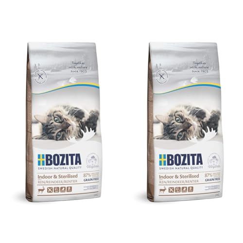 BOZITA Indoor & Sterilised Getreidefrei mit Rentier - Trockenfutter für Erwachsene hauptsächlich drinnen lebende Katzen, 2 kg (Packung mit 2) von Bozita