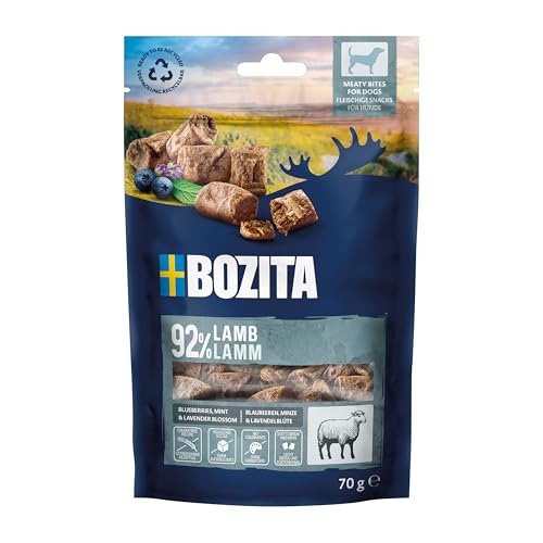 BOZITA Meaty Bites Hundesnack mit 92% Lamm 70 g - einhändig portionierbare, geschmacksintensive Leckerchen ohne Getreide, ohne Huhn und ohne Glyzerin - Leckerlies die Dein Hund lieben Wird von Bozita