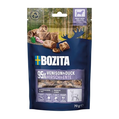 BOZITA Meaty Bites Hundesnack mit 95% Hirsch & Ente 70 g - einhändig portionierbare, geschmacksintensive Leckerchen ohne Getreide, ohne Huhn und ohne Glyzerin - Leckerlies die Dein Hund lieben Wird von Bozita