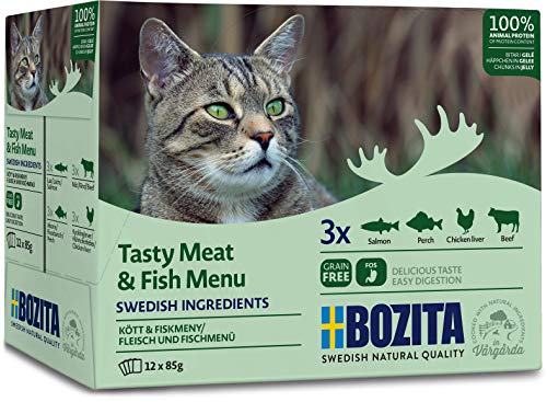 BOZITA Multibox Mixpack Lachs, Barsch, Rind, Hühnchenleber 4x (12x85g) - Häppchen in GELEE im Pouch Portionsbeutel - getreidefreies Nassfutter für erwachsene Katzen von Bozita