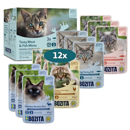 BOZITA Multibox Mixpack Lachs, Hering, viel Huhn, Rentier - Häppchen in Soße 12x85g Pouch Portionsbeutel - getreidefreies Nassfutter für erwachsene Katzen von Bozita