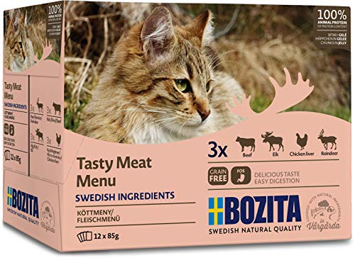 BOZITA Multibox Mixpack Rentier, Rind, Elch, Hühnchenleber Häppchen in GELEE 12x85g Pouch Portionsbeutel - getreidefreies Nassfutter für erwachsene Katzen von Bozita