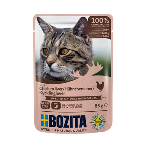 BOZITA Nassfutter Häppchen in Gelee mit Hühnchenleber 12x85g Pouch Portionsbeutel - getreidefrei - für erwachsene Katzen von Bozita