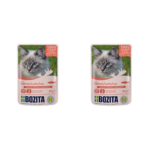 BOZITA Nassfutter Häppchen in Gelee mit Lachs 12x85g Pouch Portionsbeutel - getreidefrei - für Erwachsene Katzen (Packung mit 2) von Bozita