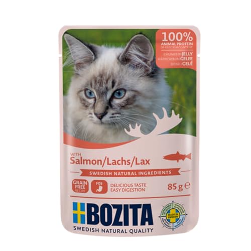 BOZITA Nassfutter Häppchen in Gelee mit Lachs 12x85g Pouch Portionsbeutel - getreidefrei - für erwachsene Katzen von Bozita