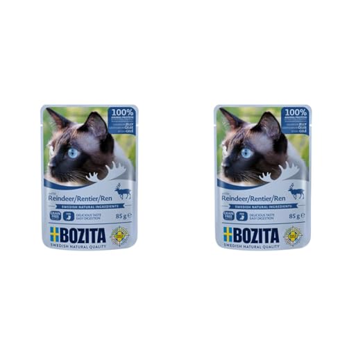 BOZITA Nassfutter Häppchen in Gelee mit Rentier 12x85g Pouch Portionsbeutel - getreidefrei - für Erwachsene Katzen - Alleinfuttermittel (Packung mit 2) von Bozita