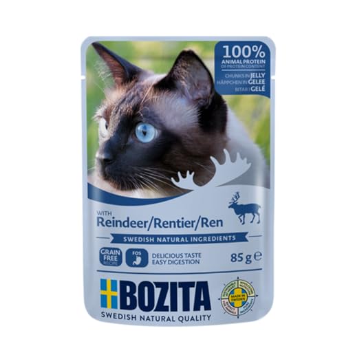 BOZITA Nassfutter Häppchen in Gelee mit Rentier 12x85g Pouch Portionsbeutel - getreidefrei - für erwachsene Katzen - Alleinfuttermittel von Bozita