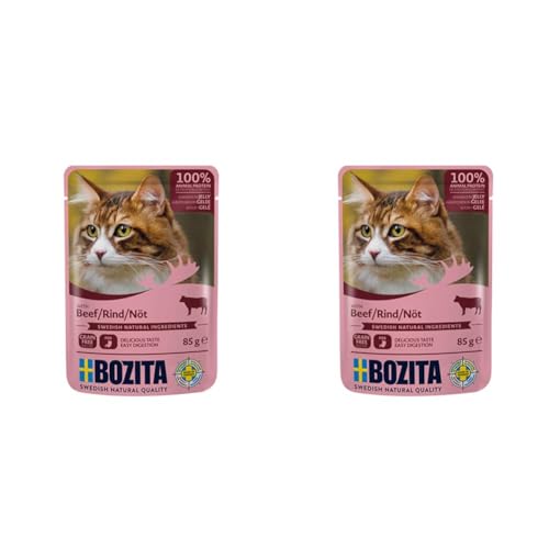 BOZITA Nassfutter Häppchen in Gelee mit Rind 12x85g Pouch Portionsbeutel - getreidefrei - für Erwachsene Katzen - Alleinfuttermittel (Packung mit 2) von Bozita