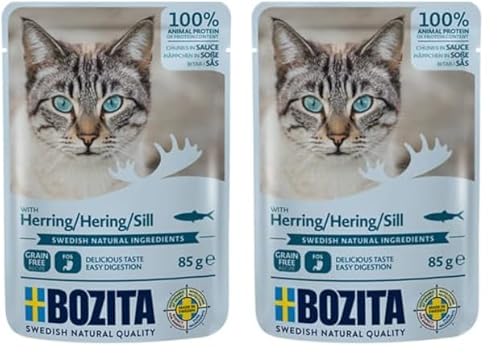 BOZITA Nassfutter Häppchen in Soße mit Hering 12x85g Pouch Portionsbeutel - getreidefrei - für Erwachsene Katzen (Packung mit 2) von Bozita