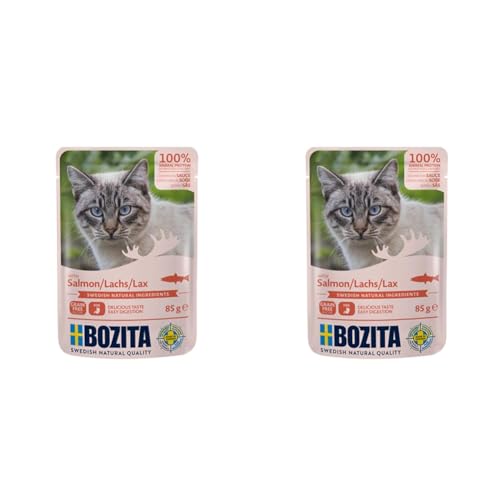 BOZITA Nassfutter Häppchen in Soße mit Lachs 12x85g Pouch Portionsbeutel - getreidefrei - für Erwachsene Katzen (Packung mit 2) von Bozita