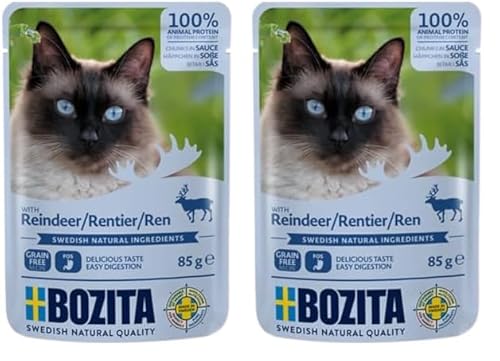 BOZITA Nassfutter Häppchen in Soße mit Rentier 12x85g Pouch Portionsbeutel - getreidefrei - für Erwachsene Katzen (Packung mit 2) von Bozita