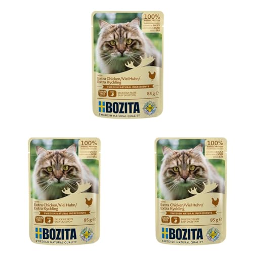 BOZITA Nassfutter Häppchen in Soße mit viel Huhn 12x85g Pouch Portionsbeutel - getreidefrei - für Erwachsene Katzen (Packung mit 3) von Bozita