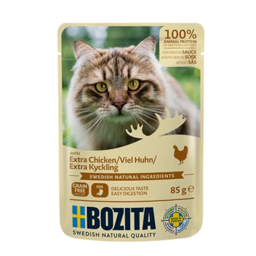 BOZITA Nassfutter Häppchen in Soße mit viel Huhn 12x85g Pouch Portionsbeutel - getreidefrei - für erwachsene Katzen von Bozita
