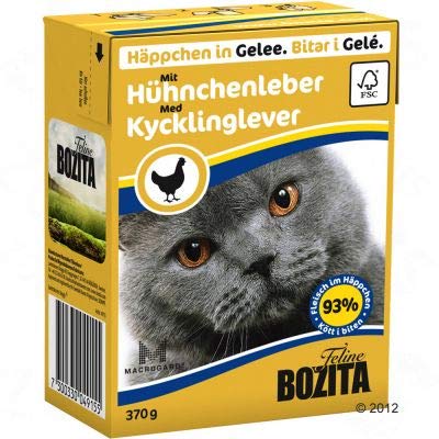 Bozita Chunks in Jelly Mega-Pack Getreidefreies komplettes Nassfutter für stärkeres Immunsystem, klarere Sicht, glänzendes und weiches Fell - Hühnerleber, 32 x 370 g von Bozita