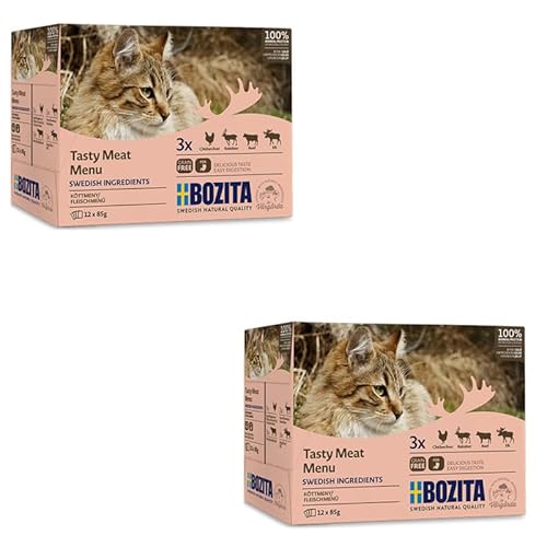 Bozita Fleischmenü Multibox | Doppelpack | 2 x 12 x 85 g | Getreidefreies Nassfutter für Katzen | Häppchen in Gelee | Mit den Sorten Elch, Hühnchenleber, Rentier und Rind von Bozita