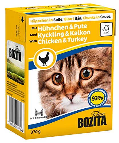 Bozita Häppchen,n Soße Nassfutter mit Hühnchen&Pute,m Tetra Recart 16x370g, Getreidefrei, nachhaltig produziertes Katzenfutter für erwachsene Katzen, Alleinfuttermittel von Bozita