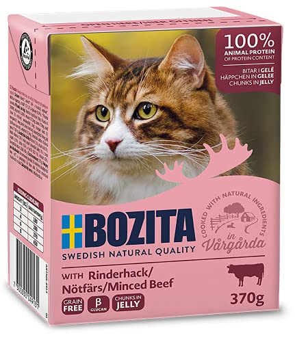 Bozita Häppchen in Gelee Nassfutter mit Rinderhack im Tetra Recart 16x370g - Getreidefrei - nachhaltig produziertes Katzenfutter für erwachsene Katzen - Alleinfuttermittel , 370 g (16er Pack) von Bozita