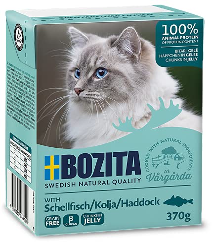 Bozita Häppchen in Gelee Nassfutter mit Schellfisch im Tetra Recart 16x370g - Getreidefrei - nachhaltig produziertes Katzenfutter für erwachsene Katzen - Alleinfuttermittel von Bozita