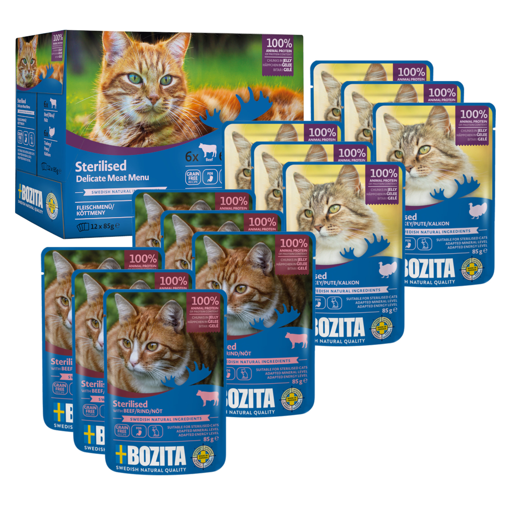 Bozita Häppchen in Gelee Sterilised 12 x 85 g - Mixpaket Fleisch Menü von Bozita