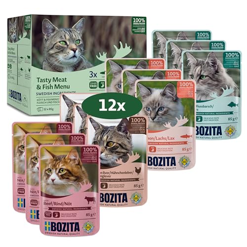 Bozita Häppchen in Gelee mit Fisch und Fleisch Multibox 12x85 g Pouch - Nassfutter für Katzen im Portionsbeutel von Bozita