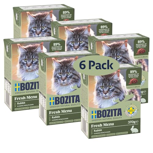 Bozita Nassfutter-Häppchen für Katzen in Gelee mit Kaninchen - 6er Pack 370g appetitliches Katzenfutter ohne Getreide und Zucker - Für Adult-Katzen mit 7,5% Protein & 5% Fettgehalt, ohne Gentechnik von Bozita