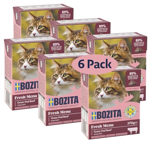 Bozita Nassfutter-Häppchen für Katzen in Gelee mit Rinderhack - 6er Pack 370g schmackhaftes Katzenfutter ohne Getreide und Zucker - Für Adult Katzen mit 7,5% Protein & 5% Fettgehalt, ohne Gentechnik von Bozita