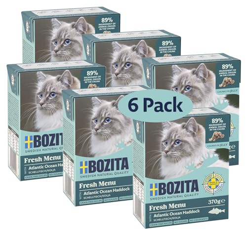 Bozita Nassfutter-Häppchen für Katzen in Gelee mit Schellfisch - 6er Pack 370g genussvolles Katzenfutter ohne Getreide und Zucker - Für Adult-Katzen mit 7,5% Protein & 5% Fettgehalt, ohne Gentechnik von Bozita