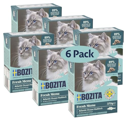 Bozita Nassfutter-Häppchen für Katzen in Gelee mit Schellfisch - 6er Pack 370g genussvolles Katzenfutter ohne Getreide und Zucker - Für Adult-Katzen mit 7,5% Protein & 5% Fettgehalt, ohne Gentechnik von Bozita