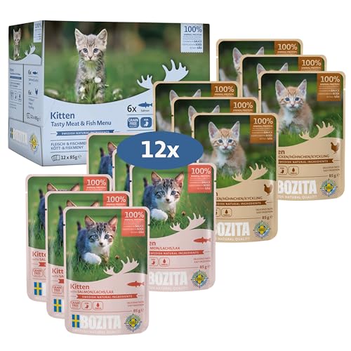 Bozita Häppchen in Sauce mit Fisch und Fleisch für Kitten Multibox 12 x 85 g Pouch - Nassfutter für Katzen im Portionsbeutel von Bozita