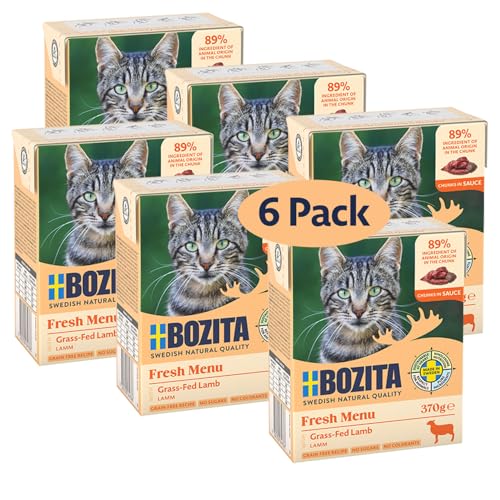 Bozita Nassfutter-Häppchen für Katzen in Sauce mit Lamm - 6er Pack 370g appetitliches Katzenfutter ohne Getreide und Zucker - Kitten-Futter mit 7,5% Protein & 5% Fettgehalt, ohne Gentechnik von Bozita