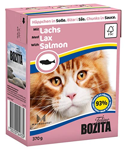 Bozita Häppchen in Soße Nassfutter mit Lachs im Tetra Recart 16x370g - Getreidefrei - nachhaltig produziertes Katzenfutter für erwachsene Katzen - Alleinfuttermittel, (16 Stück) 1er Pack von Bozita