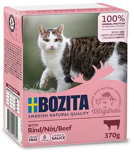 Bozita Häppchen in Soße Nassfutter mit Rind im Tetra Recart 16x370g - Getreidefrei - nachhaltig produziertes Katzenfutter für erwachsene Katzen - Alleinfuttermittel von Bozita