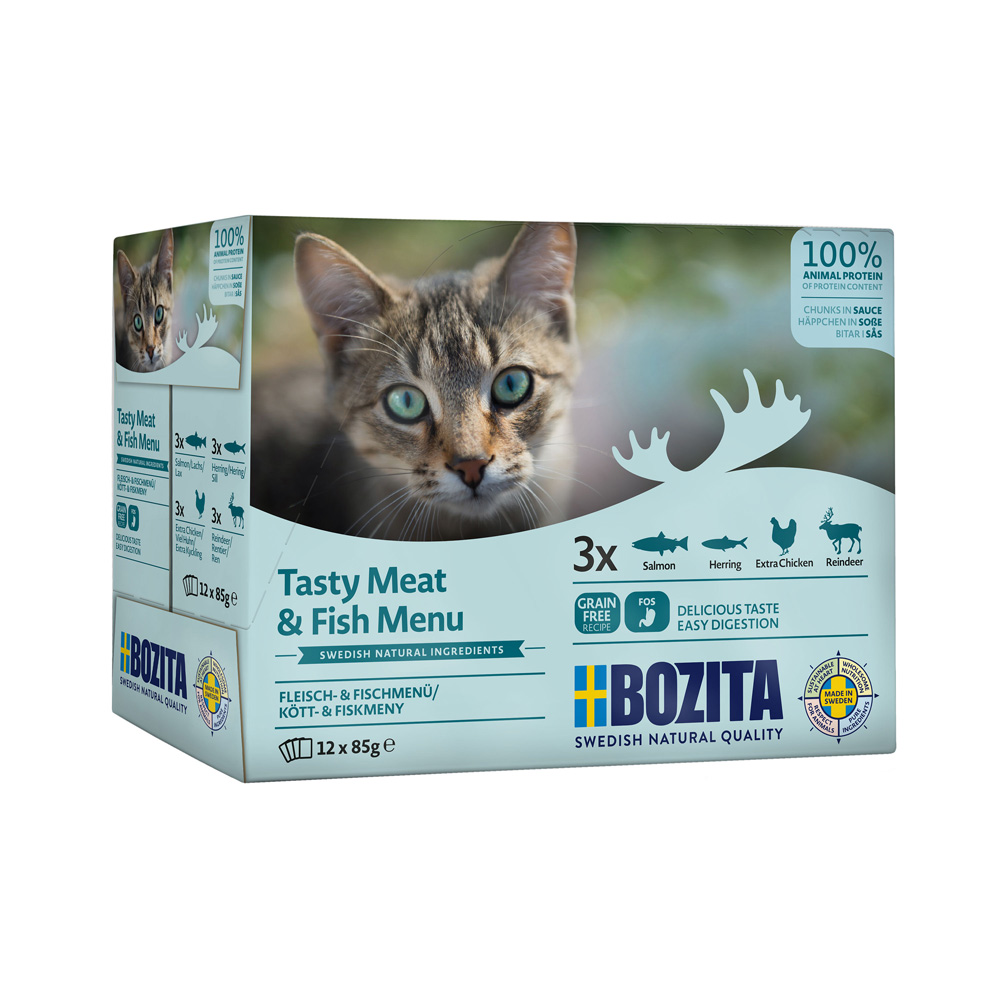 Bozita Häppchen in Soße Pouch 12 x 85 g - Mixpaket Fleisch & Fisch Menü (4 Sorten) von Bozita