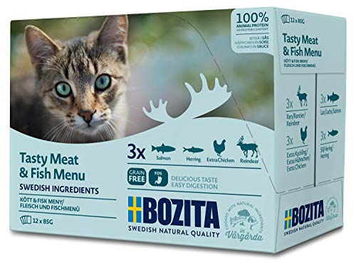 Bozita Katze Multibox Tasty Meat & Fish Menü | 12 x 85 g | Multibox aus Frischebeuteln | Verschiedene Fleisch- und Fischsorten | Alleinfuttermittel für adulte Katzen von Bozita