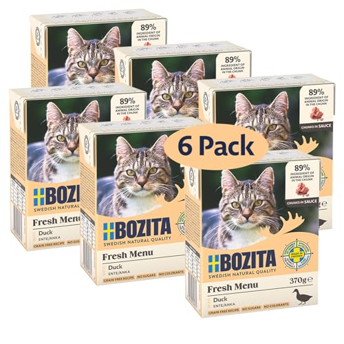 Bozita Nassfutter-Häppchen für Katzen in Sauce mit Ente - 6er Pack 370g vorzügliches Katzenfutter ohne Getreide und Zucker - Katzenfutter mit 7,5% Protein & 5% Fettgehalt, ohne Gentechnik von Bozita