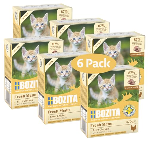 Bozita Nassfutter-Häppchen für Katzen in Sauce mit Hühnchen für Kitten - 6er Pack 370g appetitliches Katzenfutter ohne Getreide - Kitten-Futter mit 7,5% Protein & 5% Fettgehalt, ohne Gentechnik von Bozita