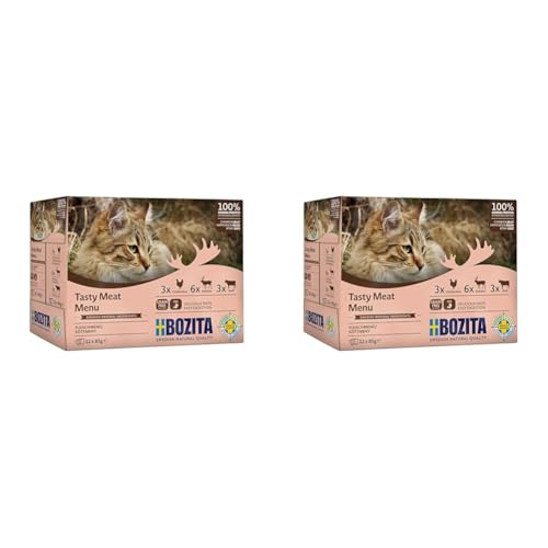 Bozita Nassfutter Häppchen in Gelee im Portionsbeutel Multibox 3X Hühnchenleber 3X Rind 6X Rentier 12x85g Getreidefreie Katzenfutter Nassfutter (Packung mit 2) von Bozita